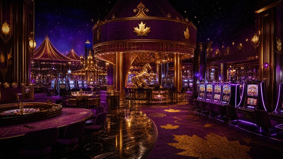 Rollino Casino Canada lobby with purple and gold carnival theme